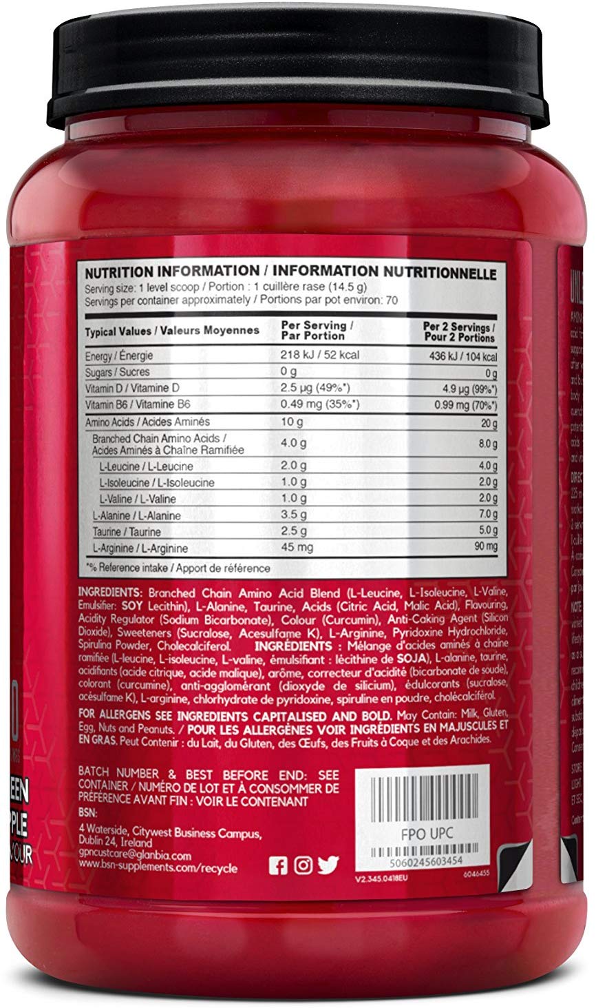 BSN Amino X Muscle Recovery & Endurance Powder with BCAAs, Intra Workout  Support, 10 Grams of Amino Acids, Keto Friendly, Caffeine Free, Flavor:  Fruit